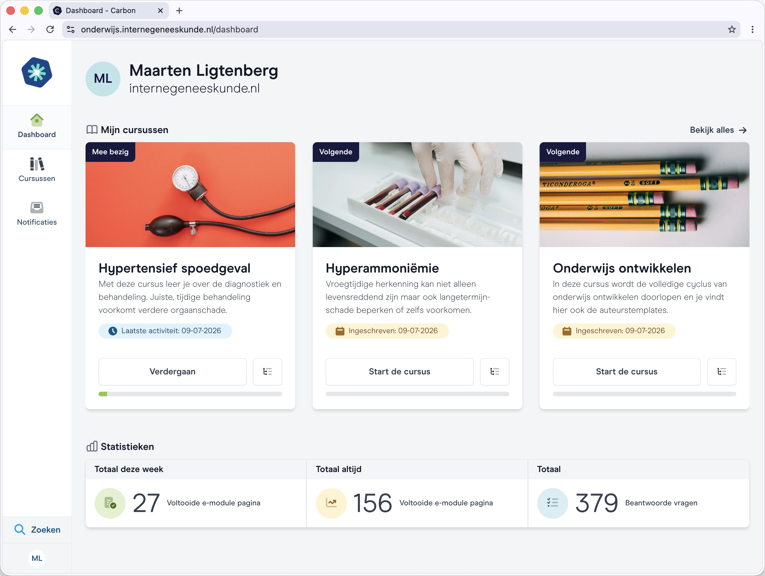 Dashboard onderwijsplatform cursussen en statistieken